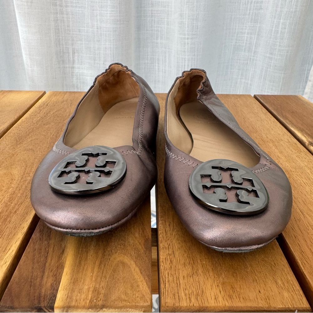 Tory Burch Minnie Travel Ballet Flats Gunmetal Gray Metallic Leather 7.5 - Picture 4 of 10
